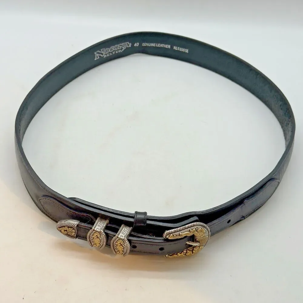 Nocona Black Leather Western Belt Men 40 Engraved Buckle Double Keeper Metal Tip